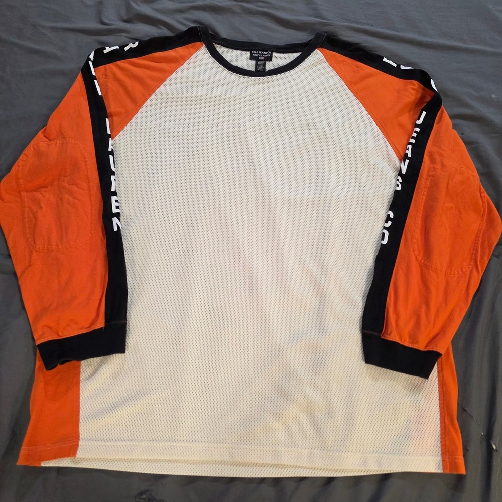 Polo Jeans Co Ralph Lauren Mesh Jersey Shirt XXL Orange White Colorblock Vintage